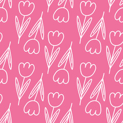 Trendy floral seamless pattern. Simple girly tulip. Spring white outline flower template for packaging, postcards, textile printing, wallpaper. Hand drawn illustration isolated on pink background.