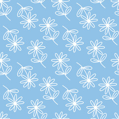 Trendy floral seamless pattern. Simple girly daisy. Spring white outline flower template for packaging, postcards, textile printing, wallpaper. Hand drawn illustration isolated on blue background.