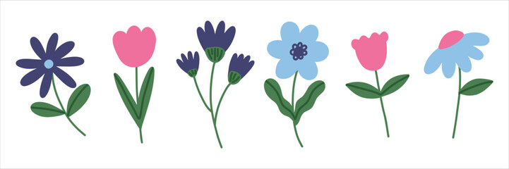 Trendy spring flower doodle set. Flat simple childish flowers for card, print, banner, poster, template. Cartoon illustration for children. Hand drawn illustration isolated on white background.