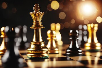 Glossy chess pieces on board, spotlight on prominent golden queen.