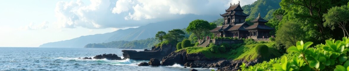Majestic Tanah Lot temple set amidst lush greenery and rocky outcrops with a serene ocean backdrop, nature, island