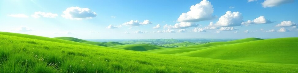 Naklejka premium rolling hills of green grass meet the open sky, landscape, clouds
