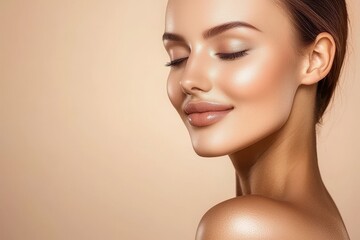 Portrait of a beautiful brunette woman with clean and fresh skin, positioned on a beige background, representing facial treatment, face care, and the world of beauty and spa in cosmetology