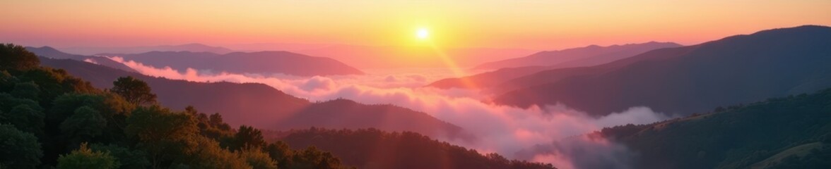 Misty sunrise valley, ethereal light bathes rolling hills, calm, awesome