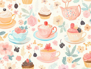 Charming tea cups with floral decor and desserts.