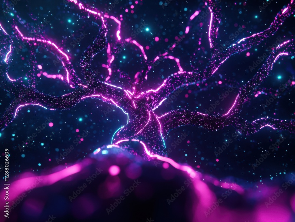 Poster a vibrant, cosmic tree-like structure radiating with pink and blue colors against a starry backgroun