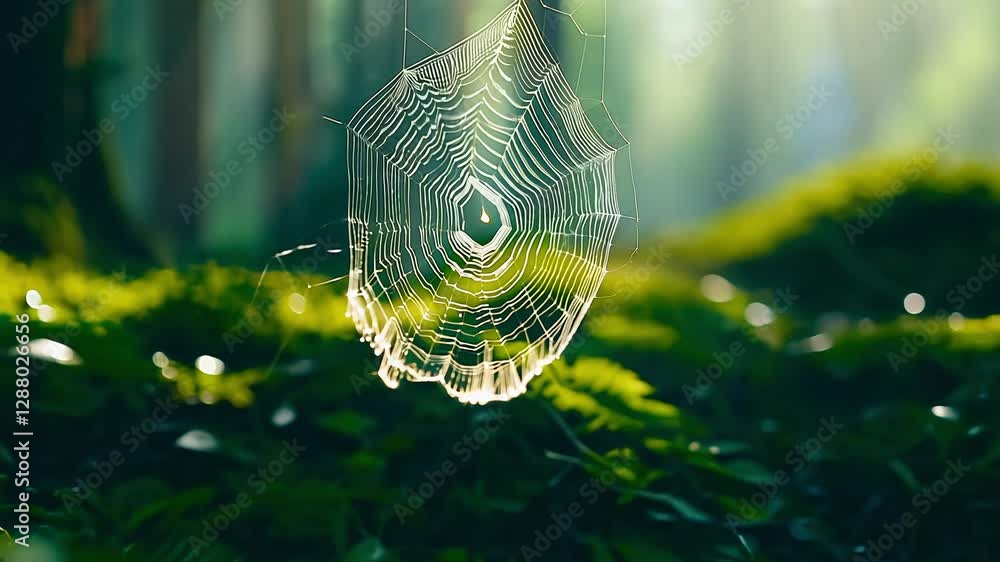 Poster backlighting zoom out video of a single dew-covered spiderweb stretched across foliage on the lush f