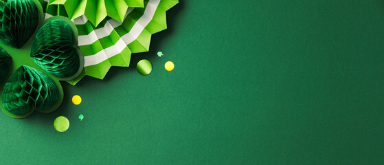 Happy St. Patrick's Day banner design. Flat lay composition with honeycomb clover and decorative...