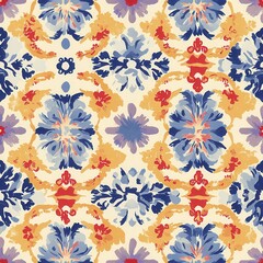 Intricate Floral Pattern with Blue, Yellow and Red Flowers on Cream Backgrounds for Design