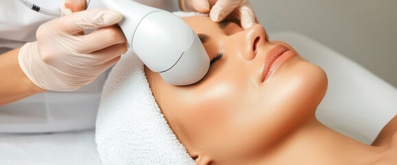 Naklejka premium The biorevitalization process involves a pretty woman getting hyaluronic acid injections to reduce mimic wrinkles around her eyes, all while posed in front of a grey background with room for text