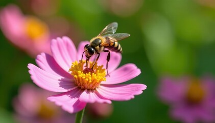 Vespa Orientalis hovering above a blooming flower, insects, summer