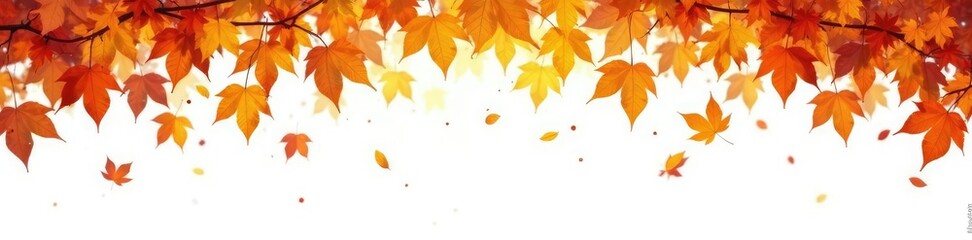 Fototapeta premium Vines of amber fall slowly on white background, autumn leaves falling down isolated, tree leaves, warm tones