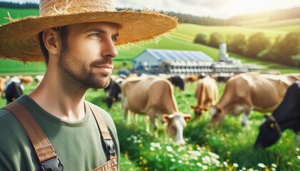 Handsome Young Farmer in Straw Hat with Dairy Cows on a Sunny Rural Farm.