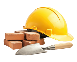 Isolated Construction Hard Hat with Bricks and Trowel