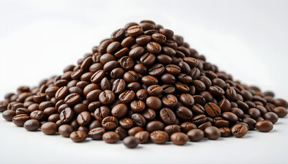 Obraz premium Heap of Roasted Coffee Beans on White Background, Aromatic Fresh Espresso Ingredient for Cafe and Barista