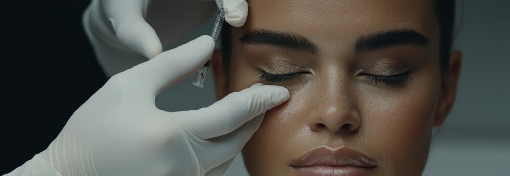 The woman, who is beautiful, receives a facial rejuvenation treatment that involves an anti-wrinkle injection to remove wrinkles, including eye wrinkle injection and facial meso therapy