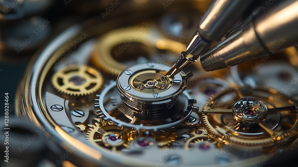 Poster assembling watch movement with precision tool macro shot of gears