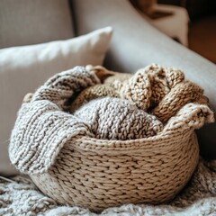 Obraz premium A cozy knitted blanket is elegantly arranged in a woven basket, adding warmth and comfort to a stylish living space.