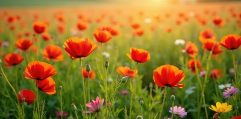 Fototapeta premium A carpet of colorful poppies in a meadow field, Flowers, Meadow