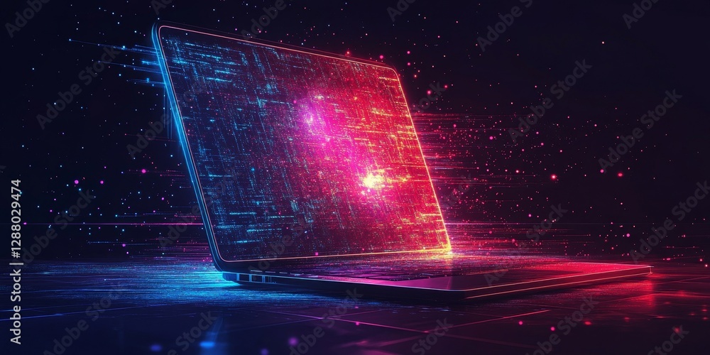 Poster flat vector illustration of a laptop with glowing data streams emerging from the screen, symbolizing