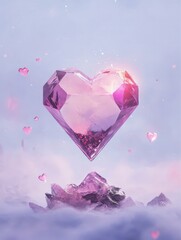 Fototapeta premium A crystalline heart floats above a mystical landscape, surrounded by sparkling particles. A dreamy, romantic image.