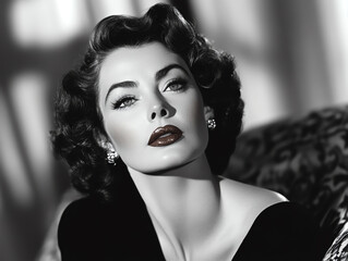 Elegant woman with a vintage hairstyle and makeup.