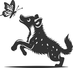 A hyena chasing a butterfly, playful and energetic vector animal silhouette