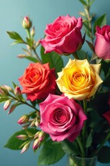 Obraz premium A colorful bouquet of mixed rose colors and foliage,, mix, arrangement