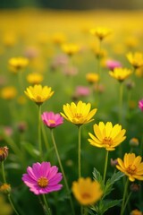 Fototapeta premium A colorful field of yellow and pink wildflowers in full bloom, clover, yellow