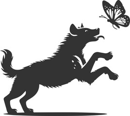 A hyena chasing a butterfly, playful and energetic vector animal silhouette