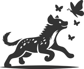 A hyena chasing a butterfly, playful and energetic vector animal silhouette