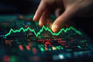 Naklejka premium A financial concept image with a hand touching a 3D stock market chart with green upward arrows.
