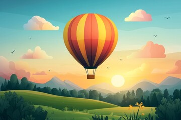 Fototapeta premium colorful hot air balloon floating over a serene countryside landscape with a rising sun, Generative AI
