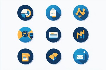 A flat design set of business and marketing icons with a professional blue theme.