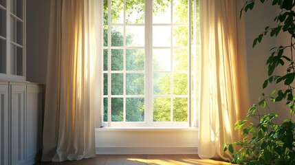 Fototapeta premium A sunlit window with sheer curtains and a green view, creating a serene indoor atmosphere.