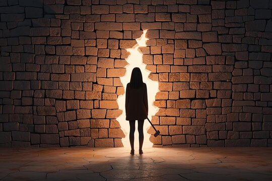 A silhouette of a person standing before a broken wall illuminated from within.