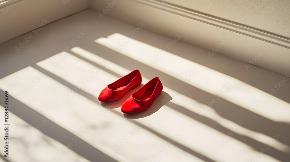 Poster bright red shoes resting on soft white surface, creating a vibrant contrast with natural light casti