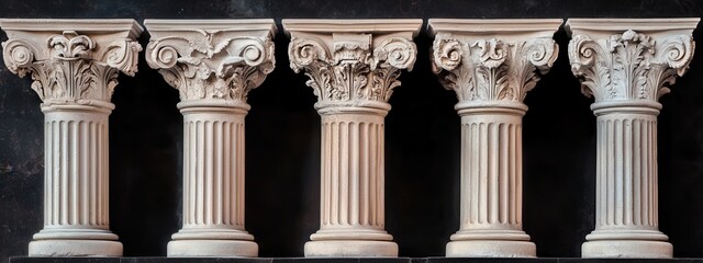 Fototapeta premium Five Elegant Architectural Columns Showcasing Classic Greek and Roman Designs with Intricate Details and Textures