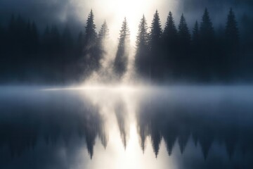 Fototapeta premium minimalist lakeside composition with quantum particles dancing across mirror-like water surface, ethereal morning mist, and silhouetted pine trees