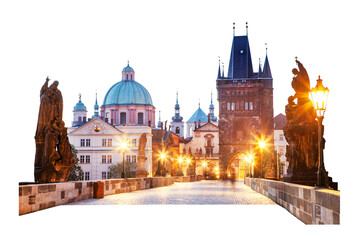 Skyline of Prague from Charles Bridge cut out on transparent white png