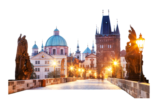 Skyline of Prague from Charles Bridge cut out on transparent white png