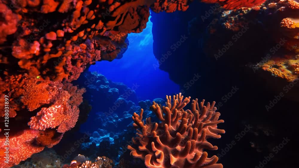 Poster dolly into a vibrant coral cave illuminated with alternating red and blue gel lights, creating a dyn
