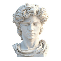 A classical marble bust of a young man with curly hair, featuring a serene expression and intricate details on the face and drapery.