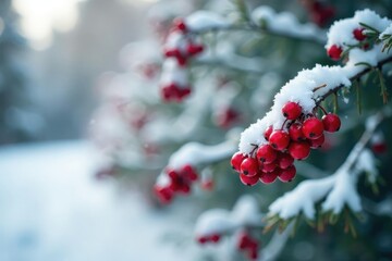 Dense clusters of winterberry stems amidst snow-covered branches, evergreen, cold, winterberry
