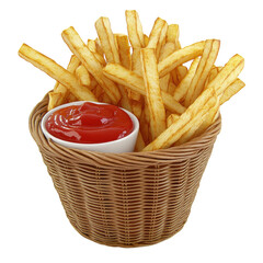 Isolated Golden French Fries in Woven Basket with Ketchup - Classic Comfort Food