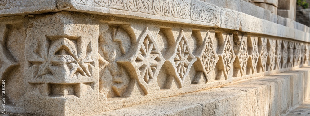 Poster intricate stone carvings on ancient architectural structure with detailed patterns and textures