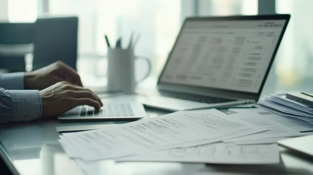 A financial compliance officer reviewing transactions for potential money laundering in an office. Featuring precision and detail