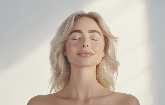 With a happy smile, a blond woman touches her face in pleasure, enjoying the after-effects of skincare cosmetics, such as washing with a cleansing gel that contains hyaluronic acid to leave her skin