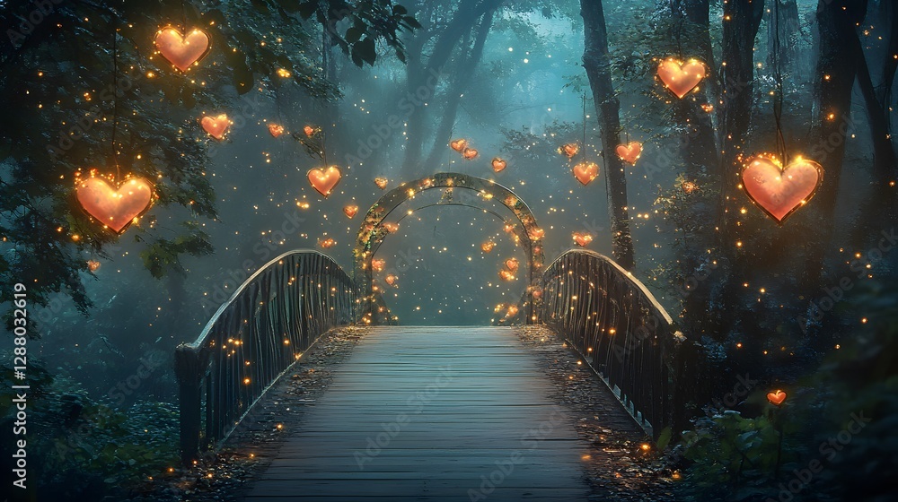 Poster mystical bridge in enchanting forest, illuminated lanterns casting warm glow, serene pathway invitin