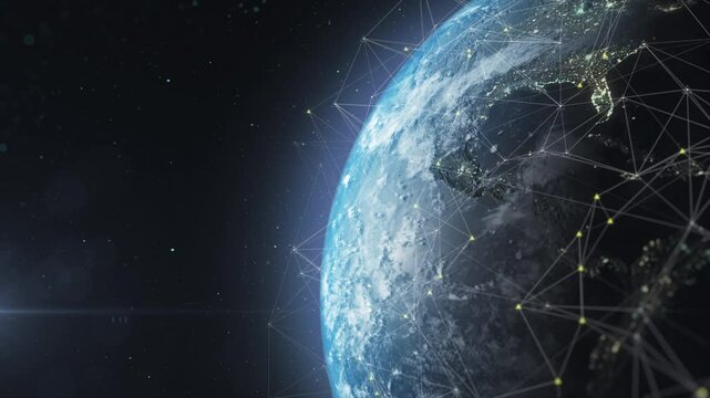Abstract technological globalization of the Earth in 3D graphics. Artificial intelligence transmission concept over fiber optic cable.